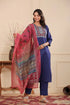Women Navy Blue Solid Straight Embroridery Kurta Set