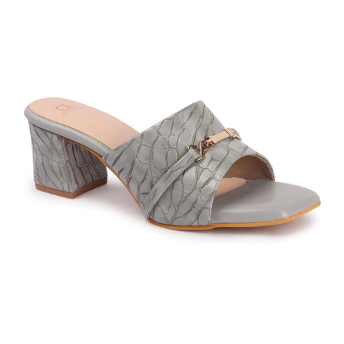 Women's Textured Square Toe Block Heel Sandal with Metal Detail