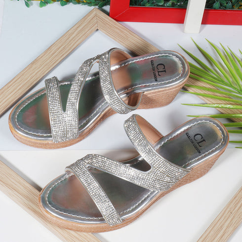 Women's Metallic Glitter Wedge Slide Sandals
