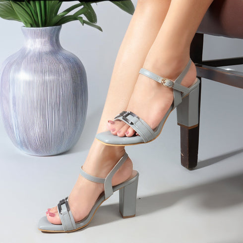 Women's Buckle Detail Square Toe Ankle Strap Block Heel Sandals
