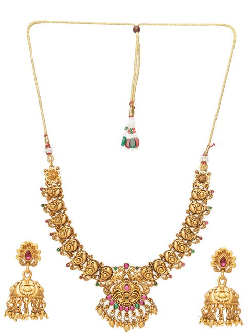 GoldPlated Red Kemp Studded Flower Temple Jewellery Set
