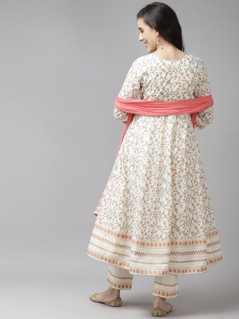 Women Cream and Pink Floral Printed Anarkali Kurta Set