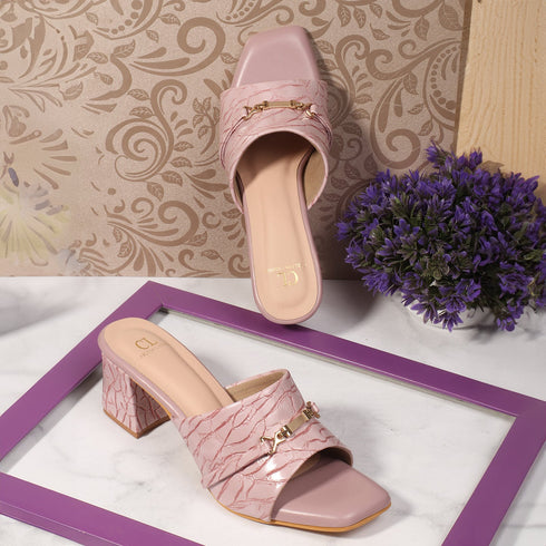 Women's Textured Square Toe Block Heel Sandal with Metal Detail