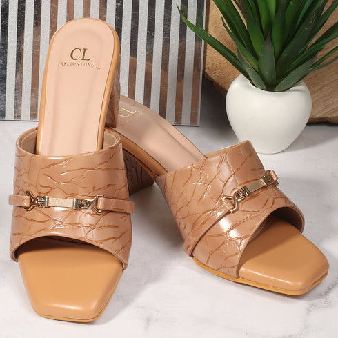 Women's Textured Square Toe Block Heel Sandal with Metal Detail