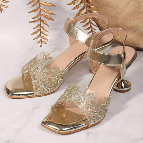Women's Embellished Sculpted Heel Ankle Strap Sandals