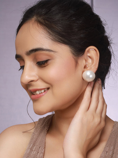 Anti-Tarnish Rhodium Toned 26 mm Round Button Pearls Large Studds Earrings