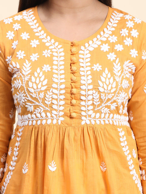 Fizaa Chikankari Kurti for Women With Pocket - Mustard