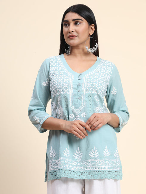 HOK chikankari Tunic for Women in Sky Blue