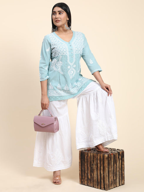HOK chikankari Tunic for Women in Sky Blue