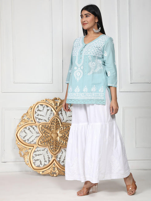 HOK chikankari Tunic for Women in Sky Blue
