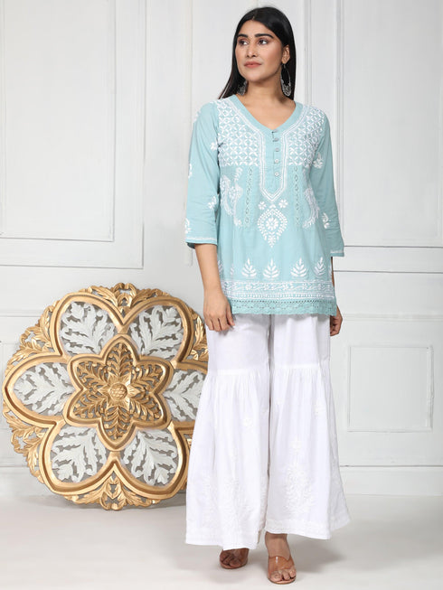 HOK chikankari Tunic for Women in Sky Blue