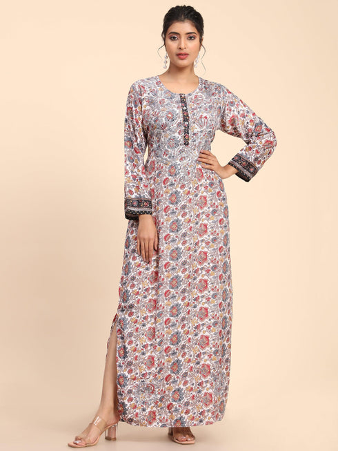 Noor Premium Printed PolySilk Chikankari Long gown for Women -Silver Floral Print