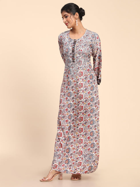 Noor Premium Printed PolySilk Chikankari Long gown for Women -Silver Floral Print