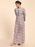 Noor Premium Printed PolySilk Chikankari Long gown for Women -Silver Floral Print