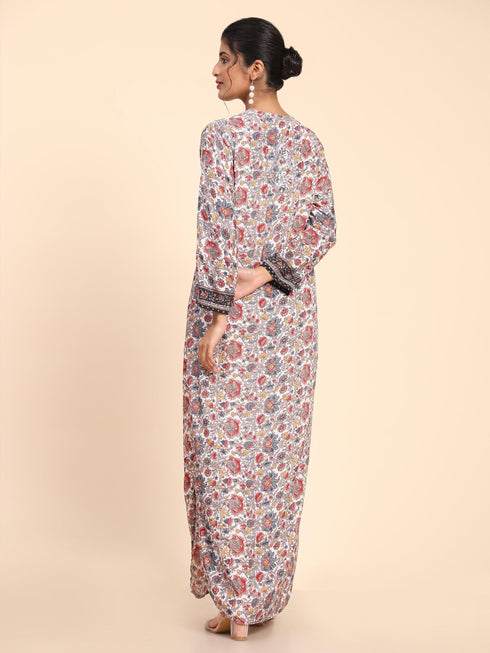 Noor Premium Printed PolySilk Chikankari Long gown for Women -Silver Floral Print