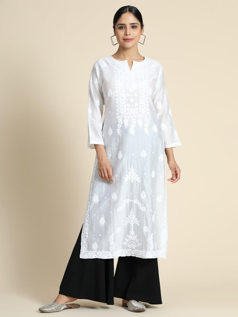 Ria Malhotra in Hand Embroidery Chikankari Long Kurti for Women In Chanderi Silk White-6
