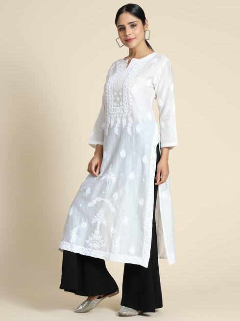 Ria Malhotra in Hand Embroidery Chikankari Long Kurti for Women In Chanderi Silk White-6