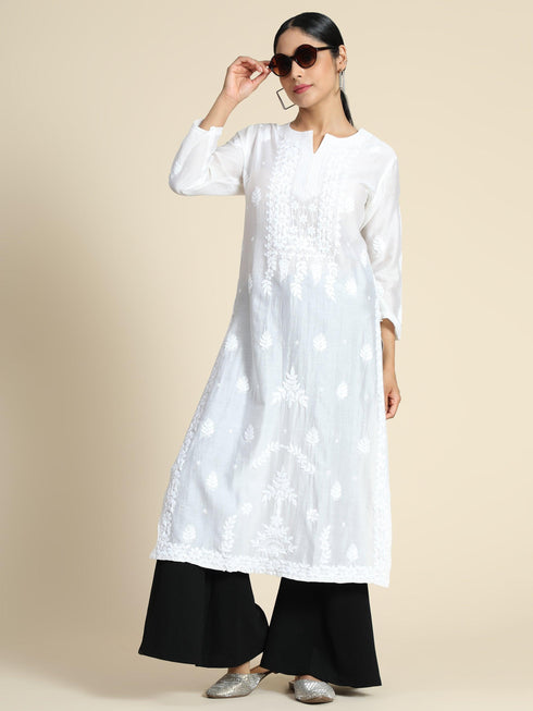Ria Malhotra in Hand Embroidery Chikankari Long Kurti for Women In Chanderi Silk White-6