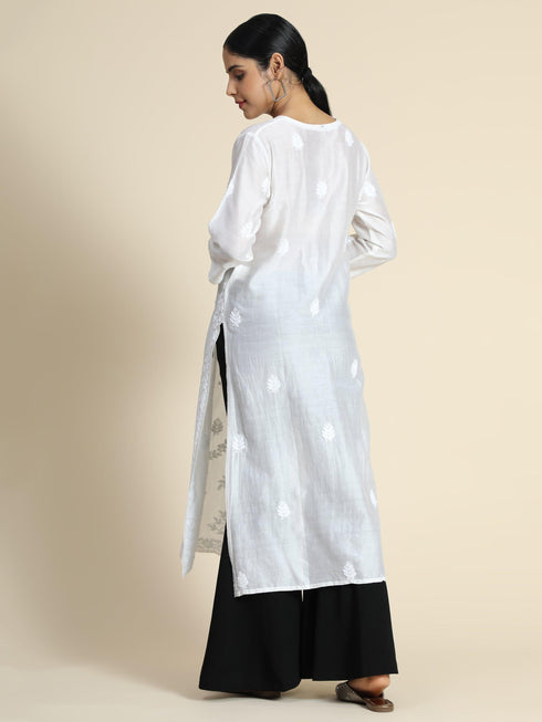Ria Malhotra in Hand Embroidery Chikankari Long Kurti for Women In Chanderi Silk White-6