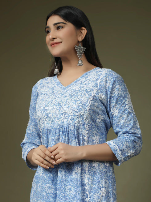 Hand embroidery Chikankari V neck Anarkali Dress | Long Kurti in Cotton For Women 2