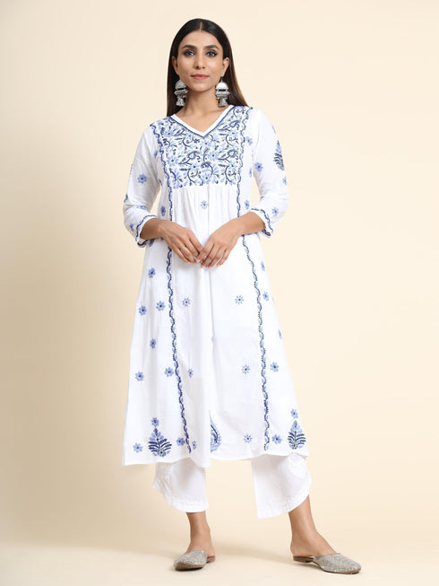 Hand embroidery Chikankari V neck Anarkali Dress | Long Kurti in Cotton For Women