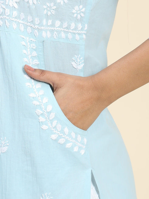 Chikankari Hand embroidery Round neck Dress with Pocket- Sky Blue