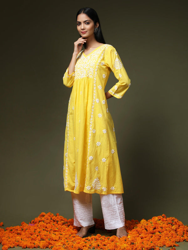 Hand embroidery Chikankari V Neck Anarkali Dress | Long Kurti in Cotton For Women