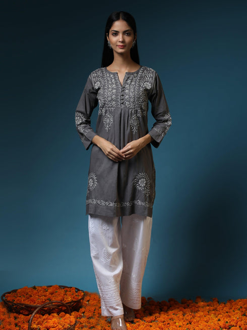 Rijuta in HOK Chikankari Short Tunic for Women -Grey