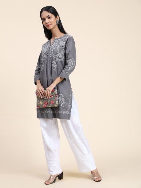Rijuta in HOK Chikankari Short Tunic for Women -Grey