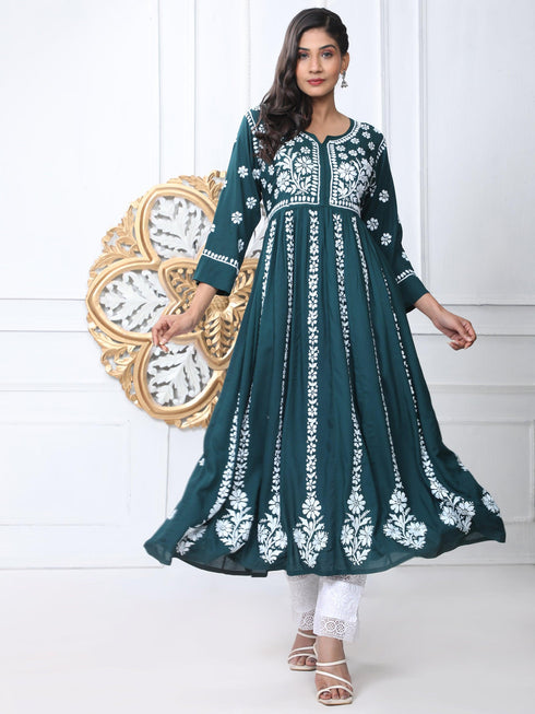 Noor Hand Embroidered Chikankari Long Gown for Women- GREEN