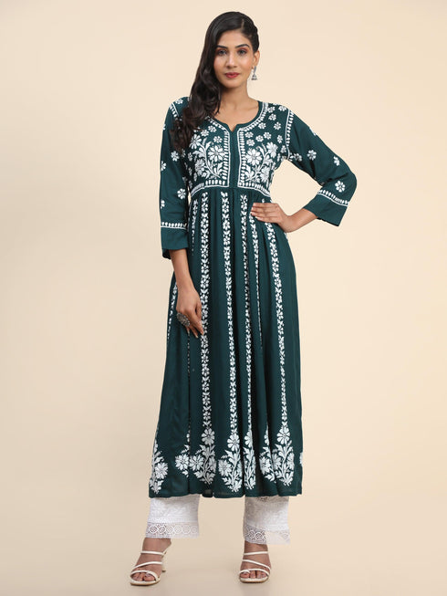 Noor Hand Embroidered Chikankari Long Gown for Women- GREEN