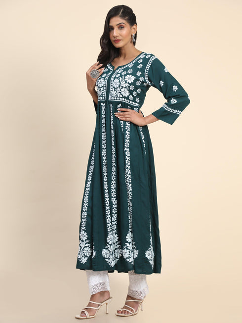 Noor Hand Embroidered Chikankari Long Gown for Women- GREEN