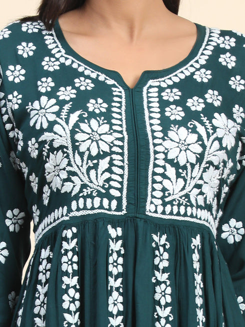 Noor Hand Embroidered Chikankari Long Gown for Women- GREEN