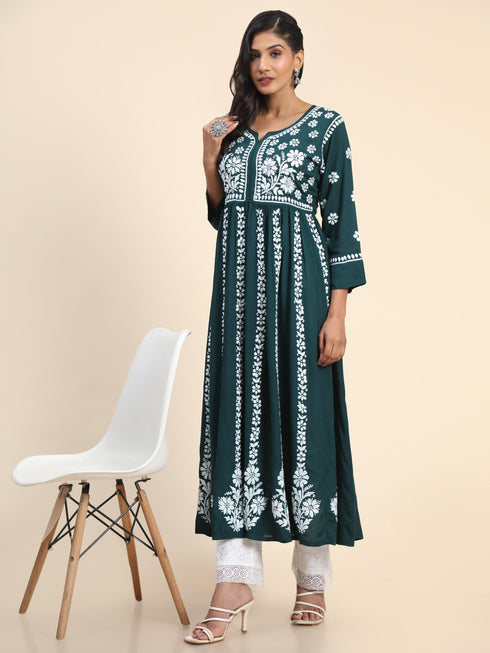 Noor Hand Embroidered Chikankari Long Gown for Women- GREEN