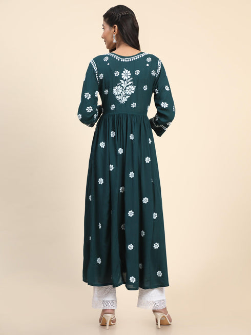 Noor Hand Embroidered Chikankari Long Gown for Women- GREEN
