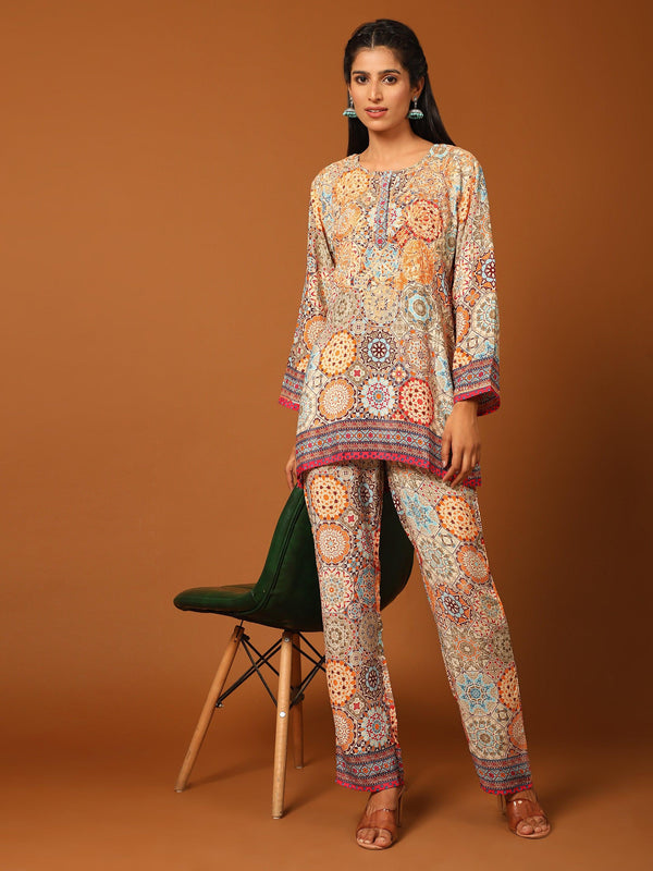 Samma Chikankari Co-ord Set in Polysilk for Women- Orange multicolour Print