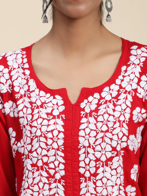 Samma Premium Hand Embroidery Chikankari Kurta in Modal Cotton- Red