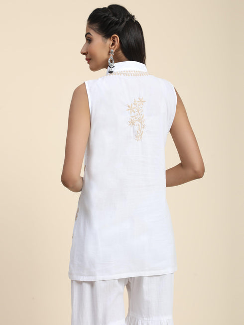 Sleeveless Hand Embroidery Chikankari Printed Short Cotton Tunics-White With Golden