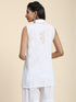 Sleeveless Hand Embroidery Chikankari Printed Short Cotton Tunics-White With Golden