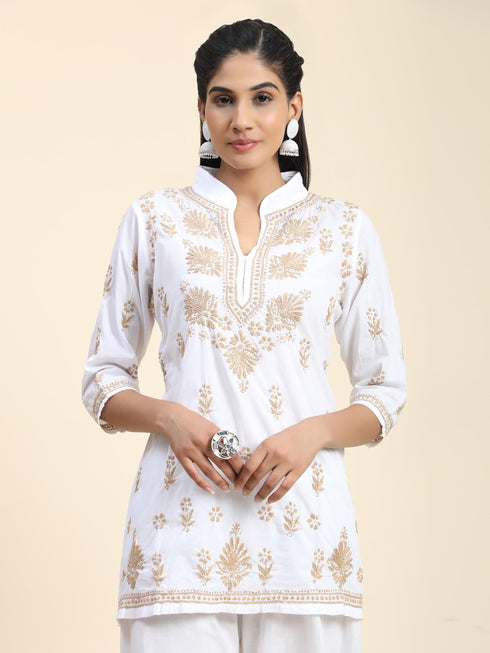 Hand Embroidery Chikankari Printed Short Cotton Tunics-White with Golden