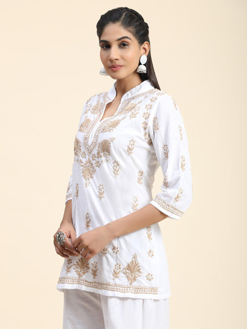 Hand Embroidery Chikankari Printed Short Cotton Tunics-White with Golden