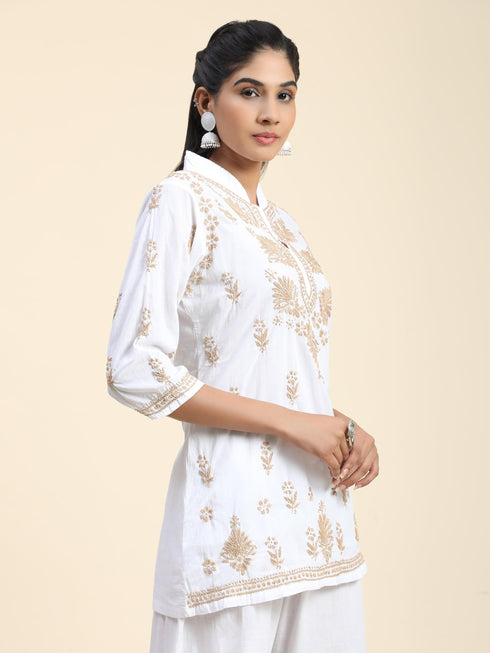 Hand Embroidery Chikankari Printed Short Cotton Tunics-White With Golden