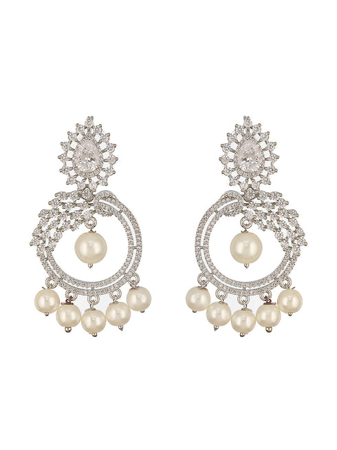 Silver Toned AD & Faux Pearl Studded Designer Chandelier Chandbali Dropdown Earrings