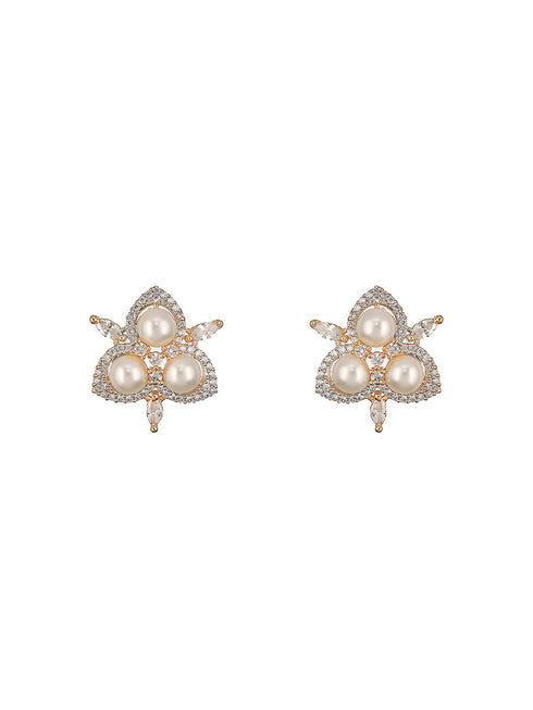 Dual Gold Toned AD & Pearl Studded Flower Delicate Studds Earrings