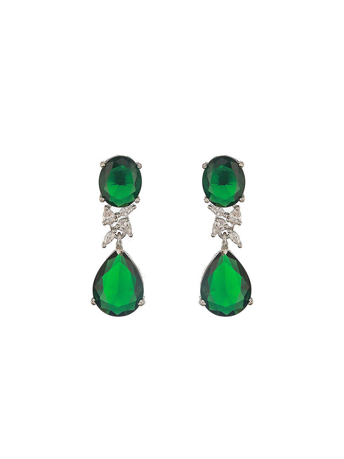 Silver Toned Emarald Green Studded Luxe Statement Drop Earrings