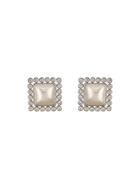 Silver Plated Faux Pearl Studded Square Statement Studds Earrings
