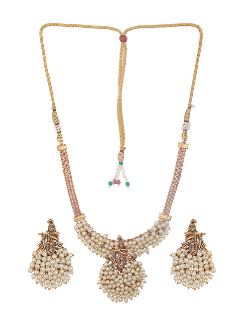 Gold Plated Pearl Beaded Shri Krishna Motif Designer Jewellery Set
