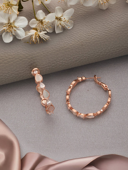 Anti-Tarnish Rose Gold Toned Faux Pearl AD Studded Hoop Minimal Bali Earrings