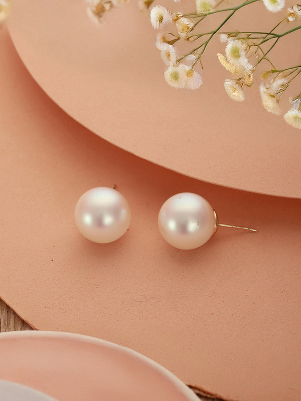 Anti-Tarnish Gold Toned Round Pearl Studds 16 mm Studds Earrings