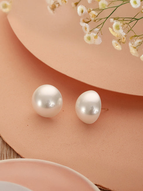 Anti-Tarnish Rhodium Toned Button Pearls Of 20mm Dailywear Studds Earrings